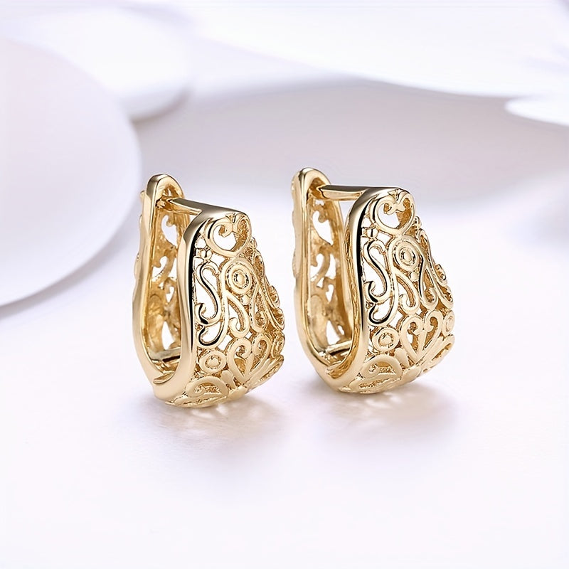 Golden Chunky Hollow Carved Pattern Hoop Earrings Luxury Elegant Style Exquisite Accessories Female Gift