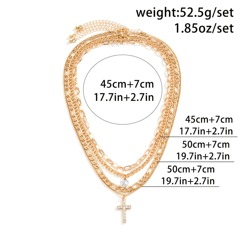 3pcs/4pcs Retro Exaggerated Cross Water Drop Shape Zircon Multilayer Necklace Set For Women Girls Jewelry Gift