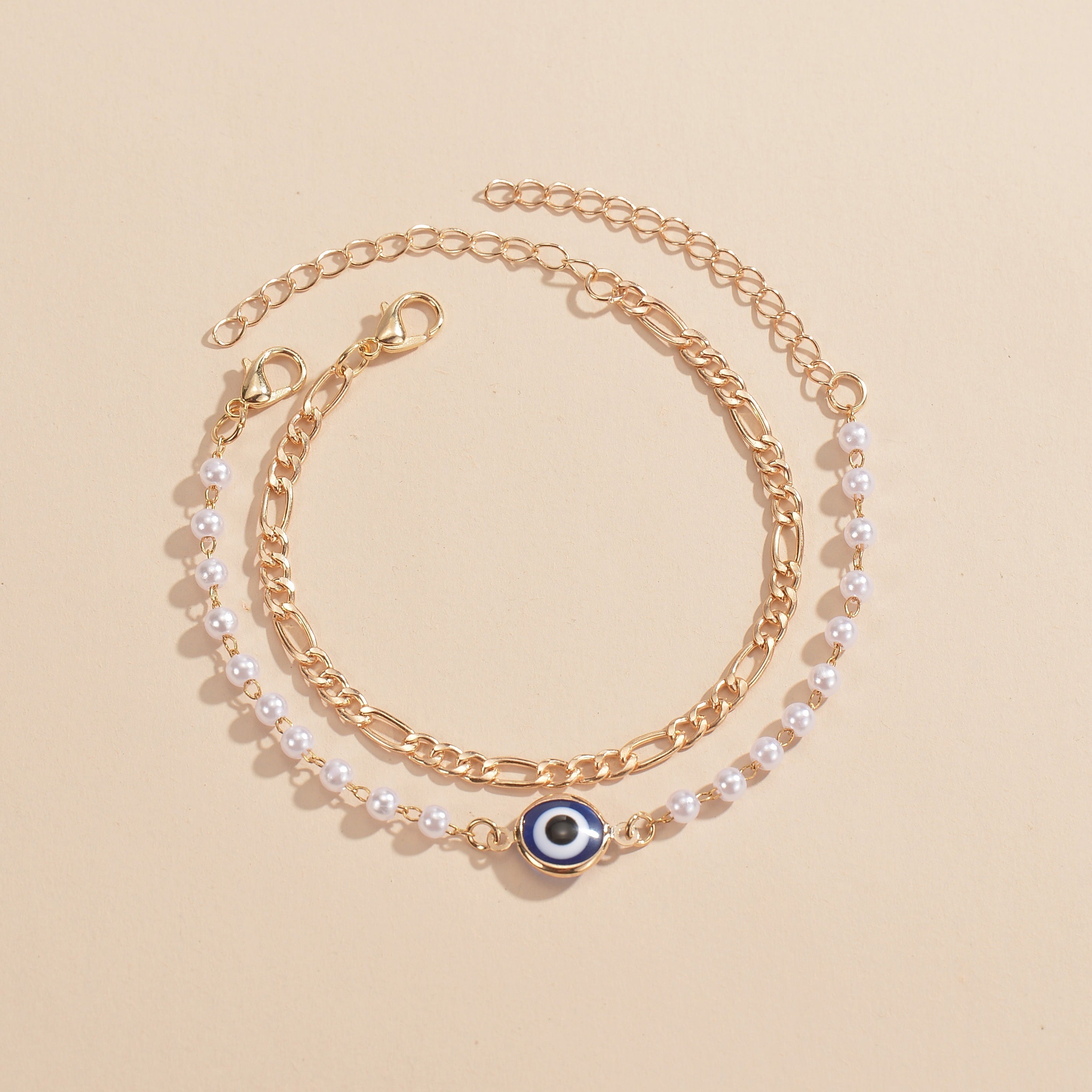 2pcs Devil's Eye Alloy Double Layer Faux Pearl Bracelet For Women Girls Gift