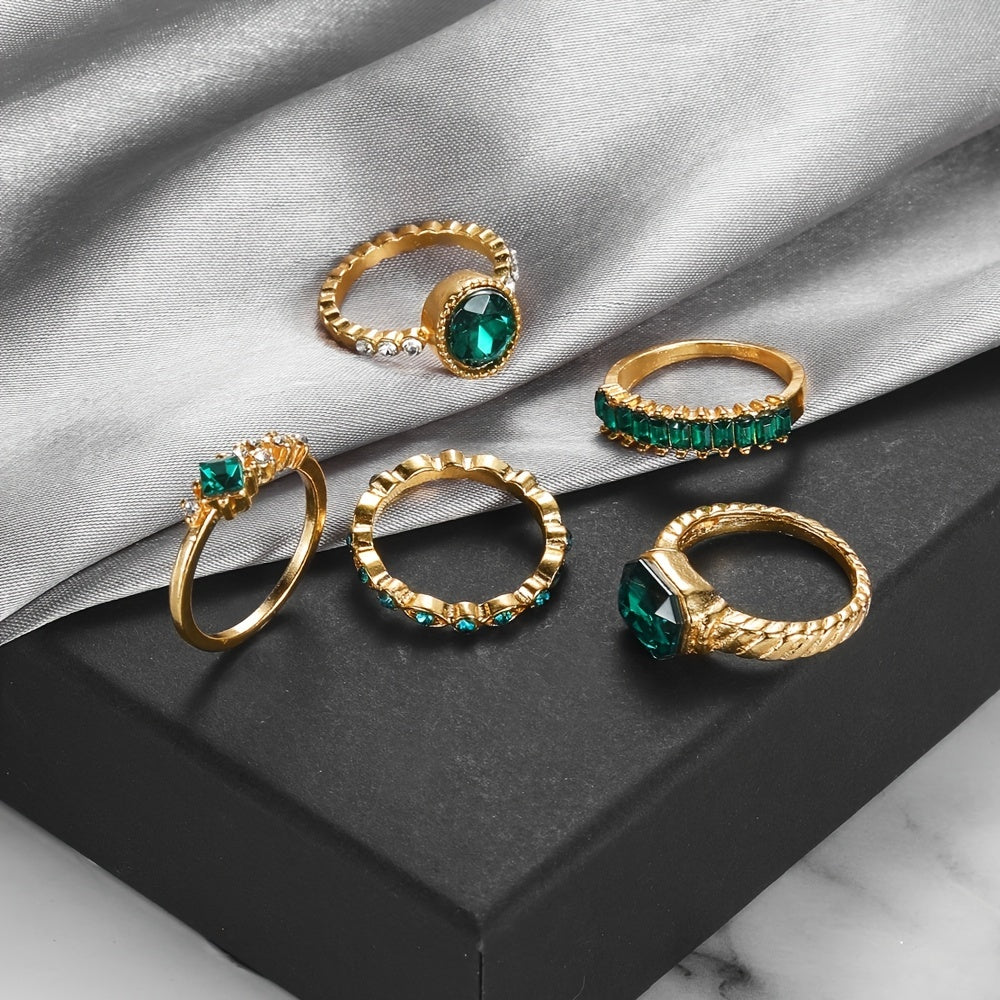 Get Ready to Dazzle with this Exquisite 5pcs Green Rhinestone Geometric Round Joint Ring Set - Perfect Gift for Her