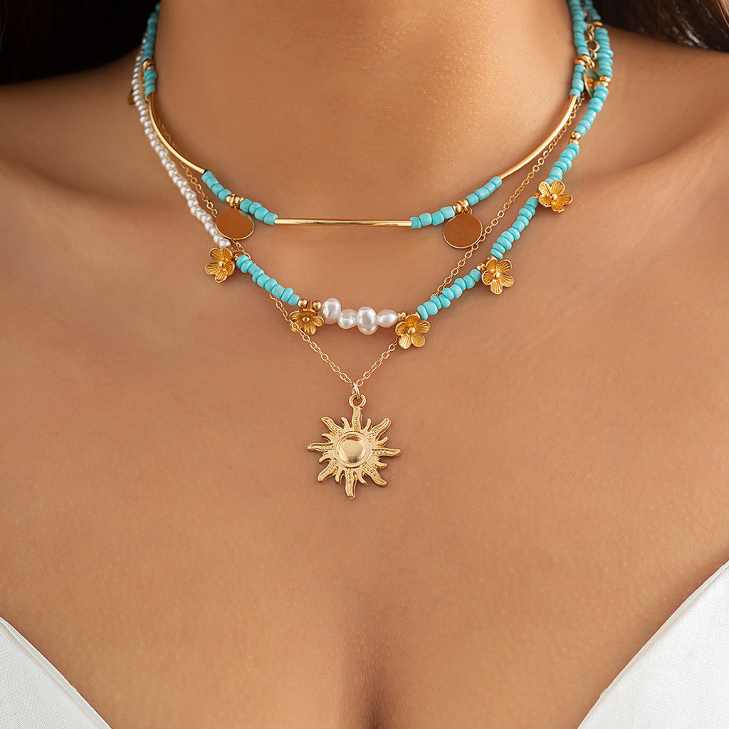 Gorgeous Boho Celestial Sun Flower Beaded Necklace Set - Perfect for Vintage Style & Holiday Parties!