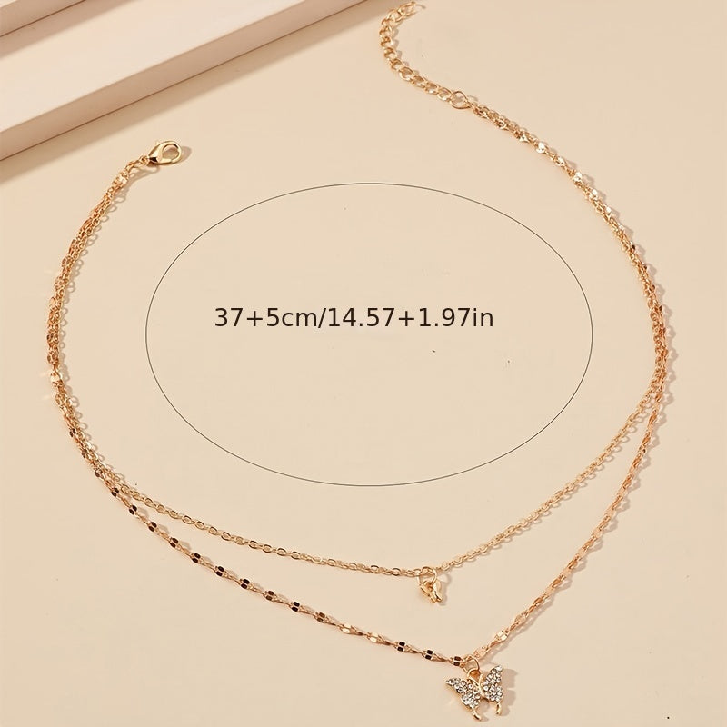 Make a Statement with this Double Butterfly Layered Necklace featuring a Shiny Zircon Pendant - Perfect for Parties and Gifting