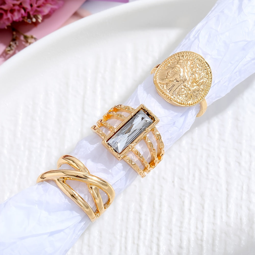 3pcs Vintage Style Personality Golden Man Head Cross Ring Set Women's Jewelry Nice Gift