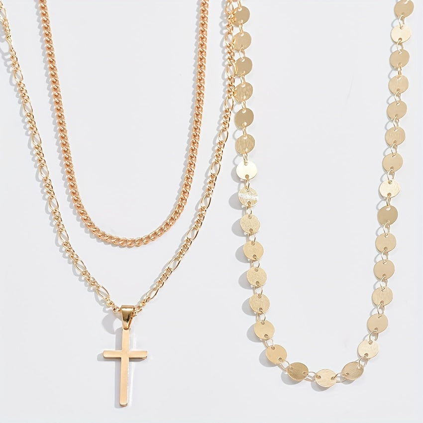 2pcs Cross & Round Disc Pendant Necklace