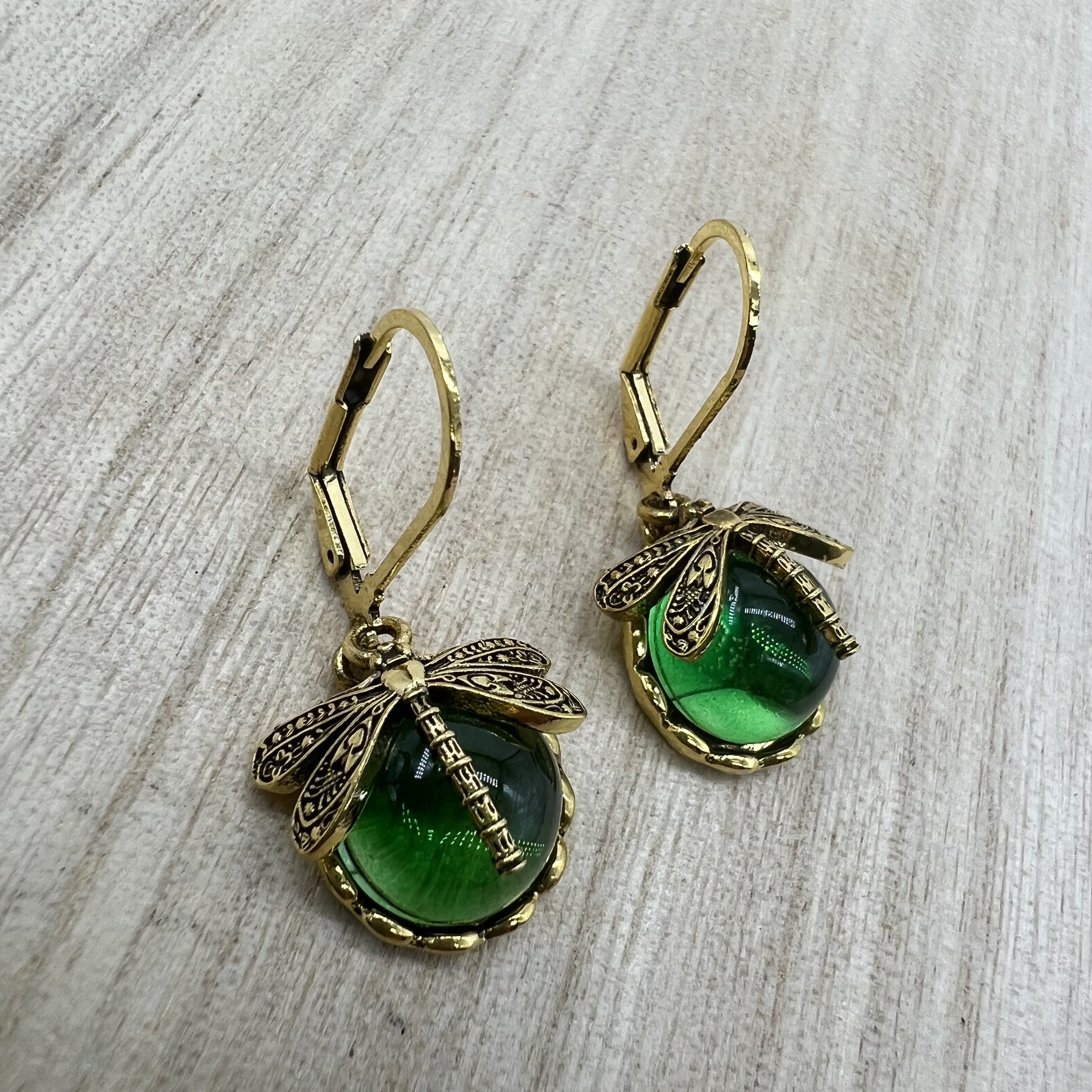 Vintage Metal Dragonfly Earrings with Inky Blue Moonstone and Brass Glass Cabochon