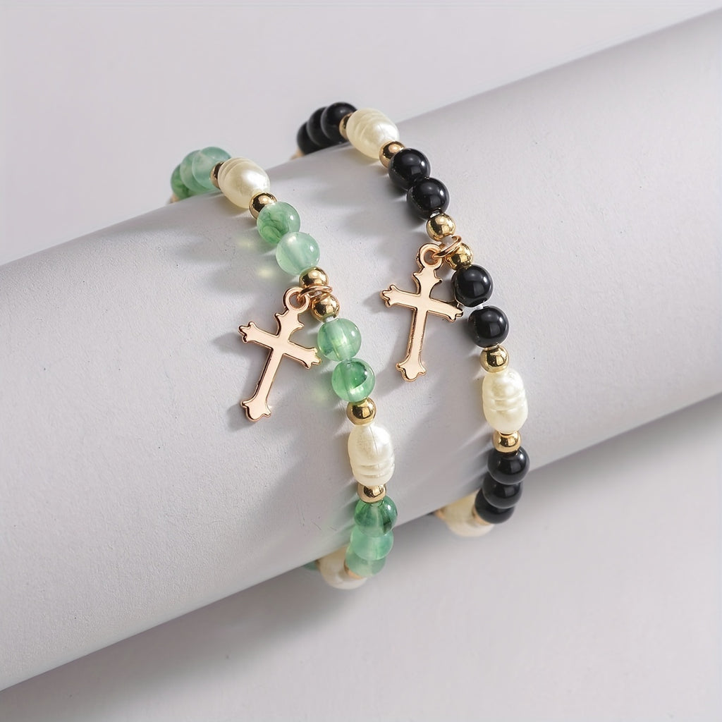 2pcs Cross Alloy Pendant Contrast Color Beaded Bracelet For Women