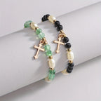2pcs Cross Alloy Pendant Contrast Color Beaded Bracelet For Women