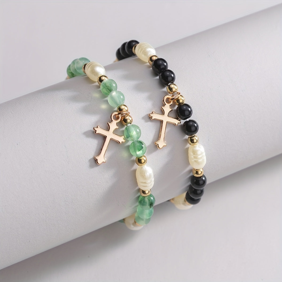 2pcs Cross Alloy Pendant Contrast Color Beaded Bracelet For Women