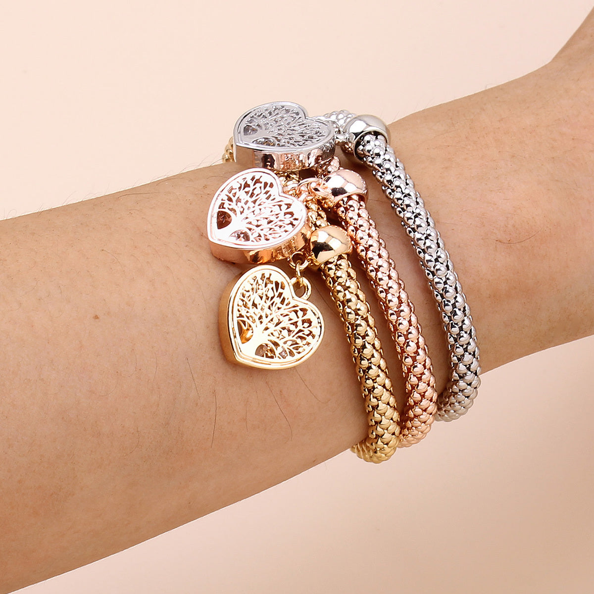 3pcs Multilayer Tree of Life Heart Bracelet for Women - Gold/Silver/Rose Gold Corn Chain Stretch Bracelet