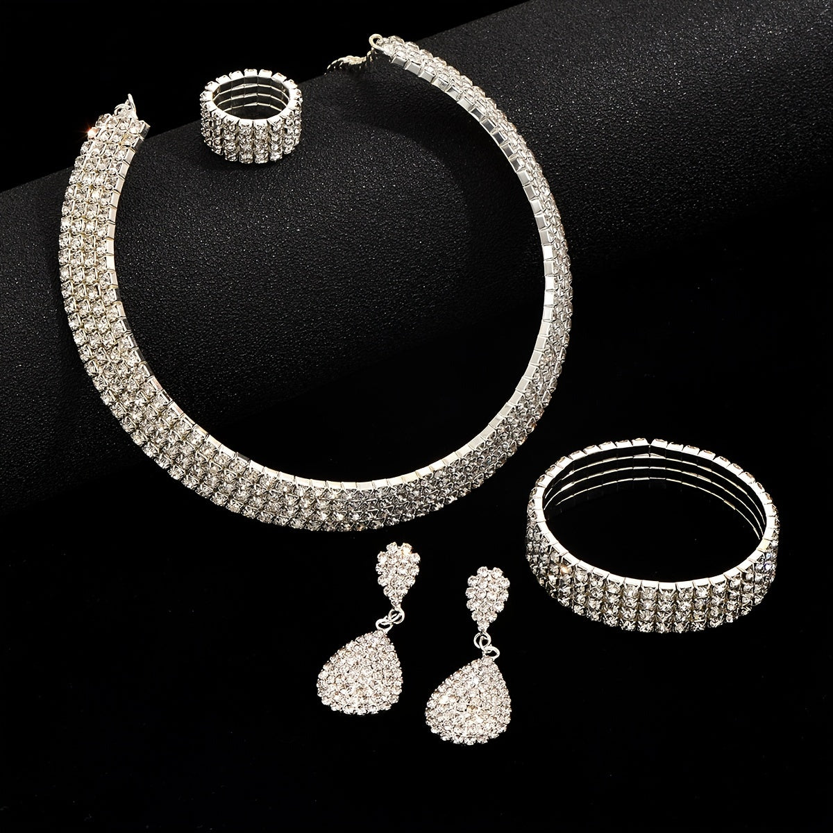 4pcs/set Elegant Women's Jewelry Set - Stretch Collar Bracelet, Rings, and Earrings for a Complete Look
