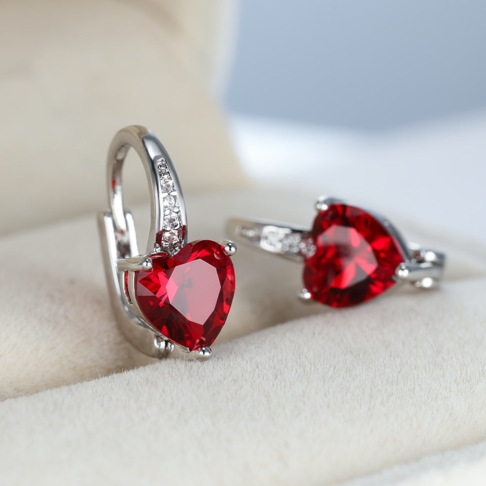 Birthstone Hoop Earrings Heart Cut Garnet Drop Earrings Heart Shaped Clip On Earrings Valentine's Day Gift 1Pair