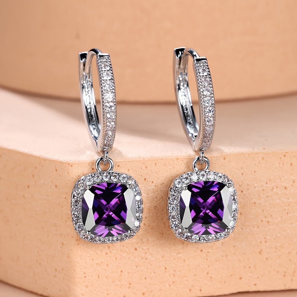 Square Shape Shiny Zircon Decor Dangle Earrings Bohemian Simple Style Copper Jewelry Trendy Female Ornaments