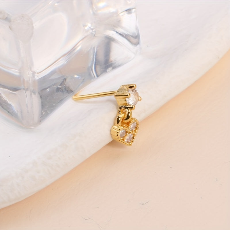 Simple Style Love Heart Shape Pendant Nose Nail Inlaid Shiny Pink Zircon L-Shaped Ear Cartilage Piercing Body Jewelry Nose Ring