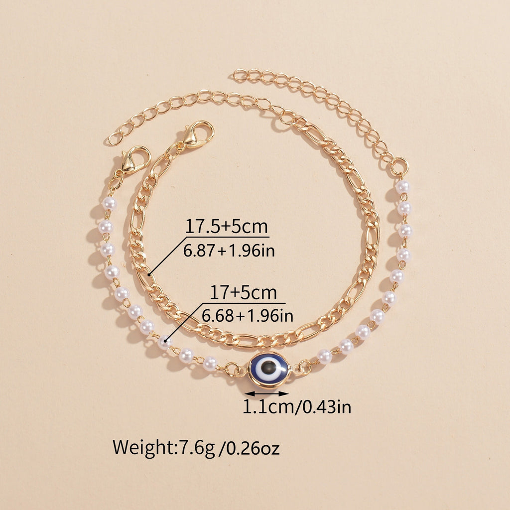 2pcs Devil's Eye Alloy Double Layer Faux Pearl Bracelet For Women Girls Gift