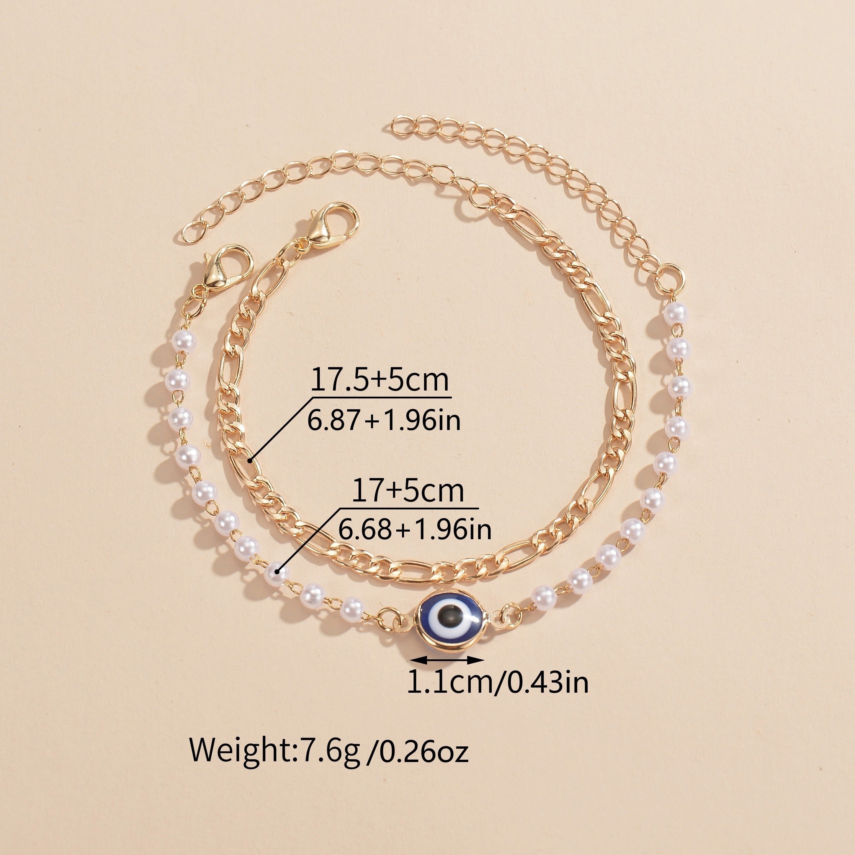 2pcs Devil's Eye Alloy Double Layer Faux Pearl Bracelet For Women Girls Gift