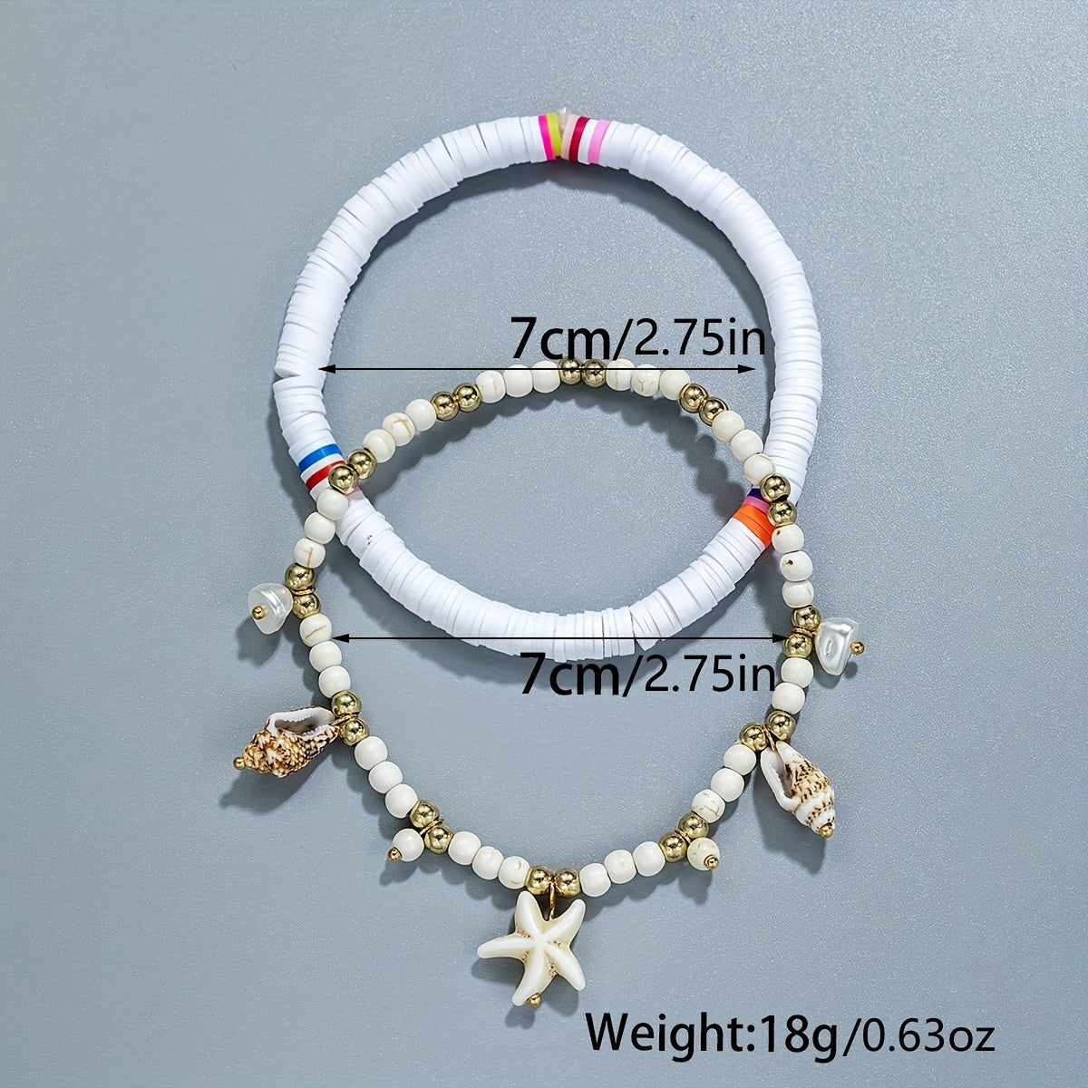 2pcs Boho Style White Beaded Anklet Set With Starfish Conch Shape Pendant Clays Beads Stackable Ankle Bracelet Ocean Style