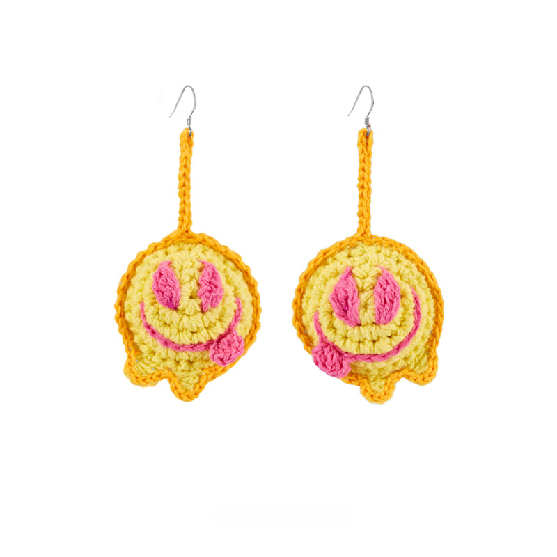 LB Hand Crochet "Funny Smiling Face" Earrings Long Ear Clip LOJL100