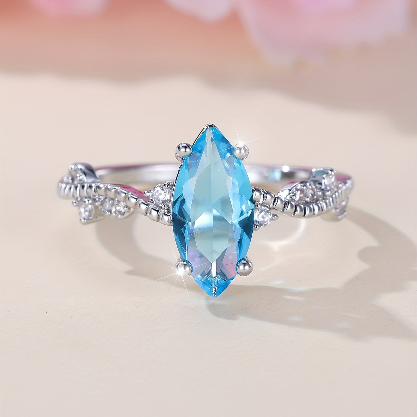 1pc Elegant Promise Ring Inlaid Ocean Blue Oval Zircon Shining With Micro Zircons Engagement Jewelry