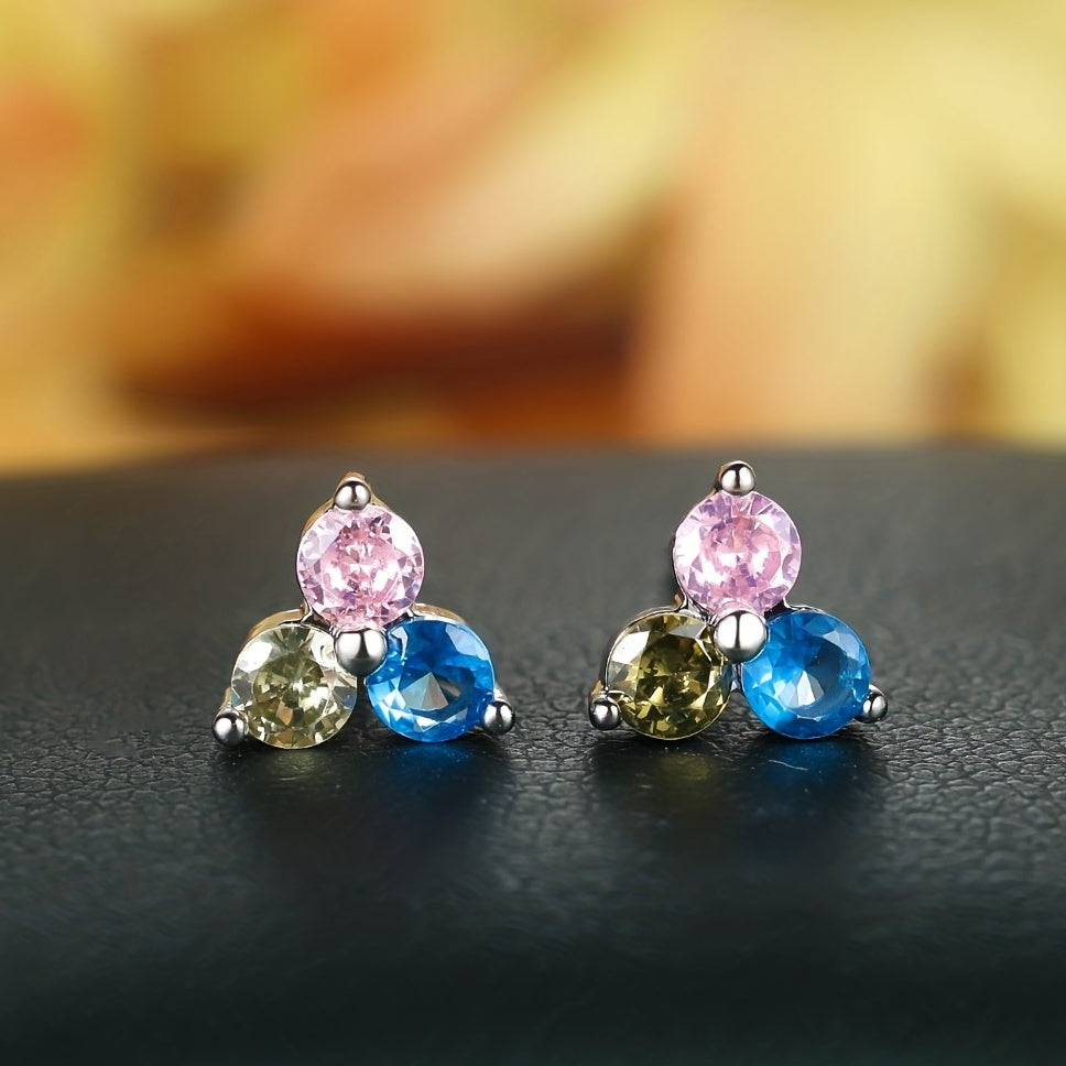 3 Colorful Shiny Zircon Decor Stud Earrings Bohemian Cute Style Copper Jewelry Daily Wear Accessories Female Gift