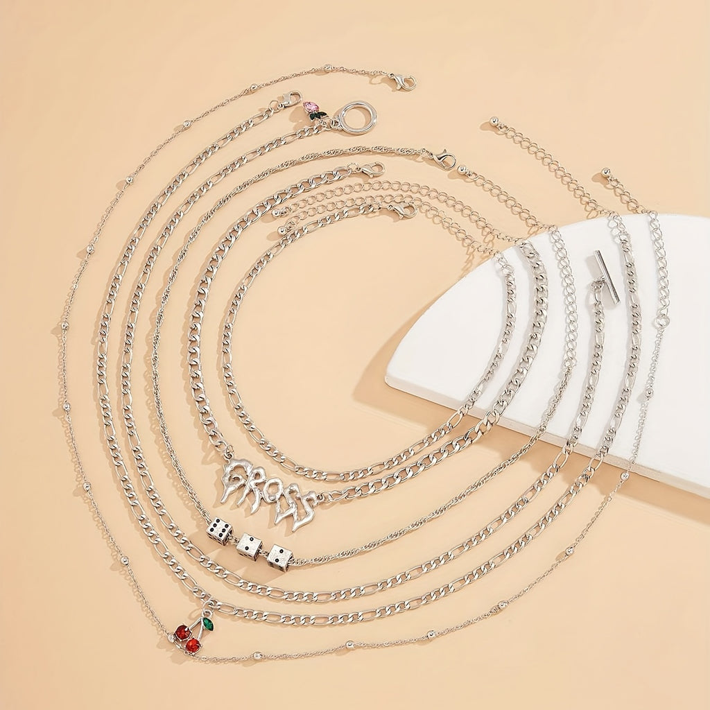 6pcs/Set Personality Retro Cherry Dice Letter Copper Beads Chain Multi-piece Necklace For Women Girls Gift