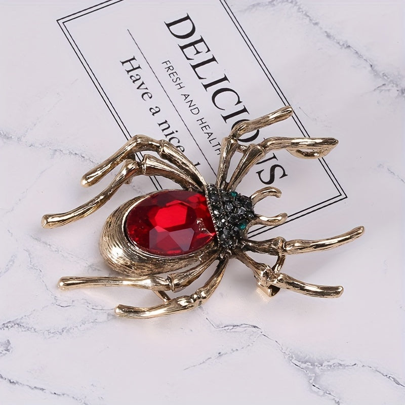 Inlaid Red Faux Gems Spider Shape Zinc Alloy Brooch Pin Simple Style Animal Theme Brooch For Women Girls