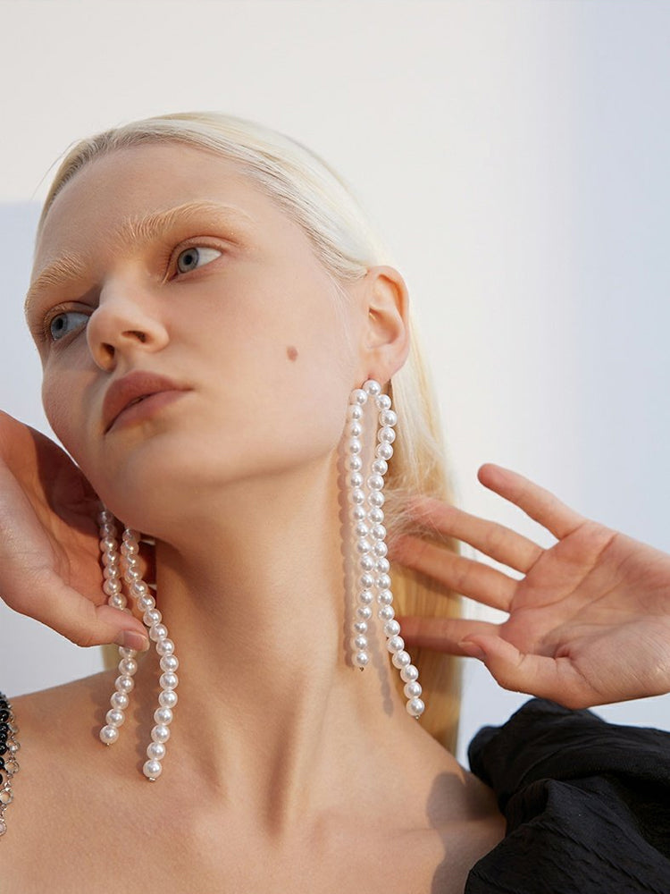 FN Faux Pearl Long Drop Slim Earrings LOJS122
