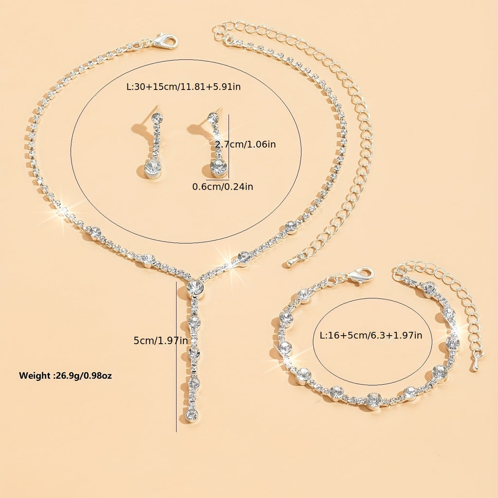 4pcs Necklace Earrings Plus Bracelet Elegant Jewelry Set Silver Plated Inlaid Rhinestone