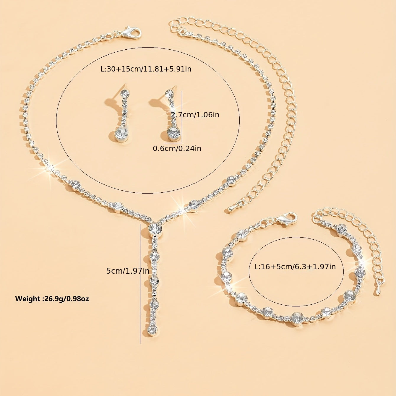 4pcs Necklace Earrings Plus Bracelet Elegant Jewelry Set Silver Plated Inlaid Rhinestone