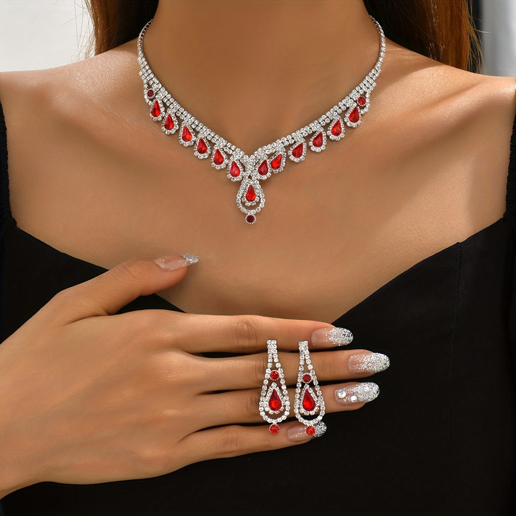 Elegant Jewelry Set with Shiny Synthetic Gems - Pendant Necklace and Drop Earrings