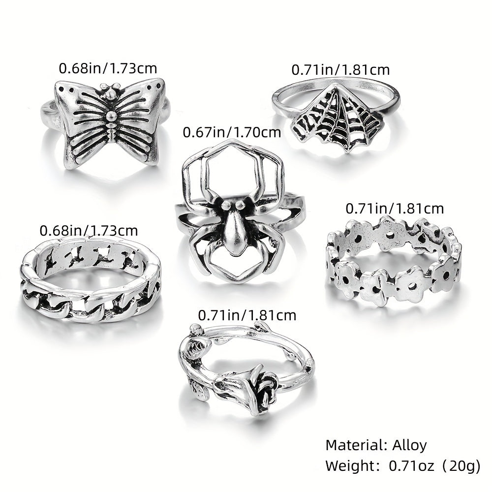 6pcs Grunge Style Stacking Rings Trendy Spider Butterfly Chain Flower Design Mix And Match For Daily Outfits Party Accessories For Cool Friends