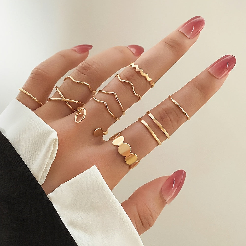 Complete Your Look with 10pcs Vintage Golden and Silvery Wavy Cross Circle Finger Rings Set for Daily Wear