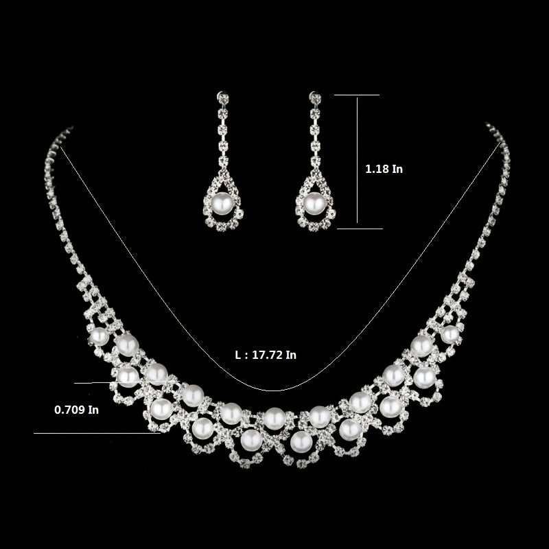 Exquisite Jewelry Set Two Rows Faux Pearls Choker Necklace & Hollow Water Drop Shaped Inlaid Faux Pearls Pendant Earrings / Bangle Bracelet Wedding Photography