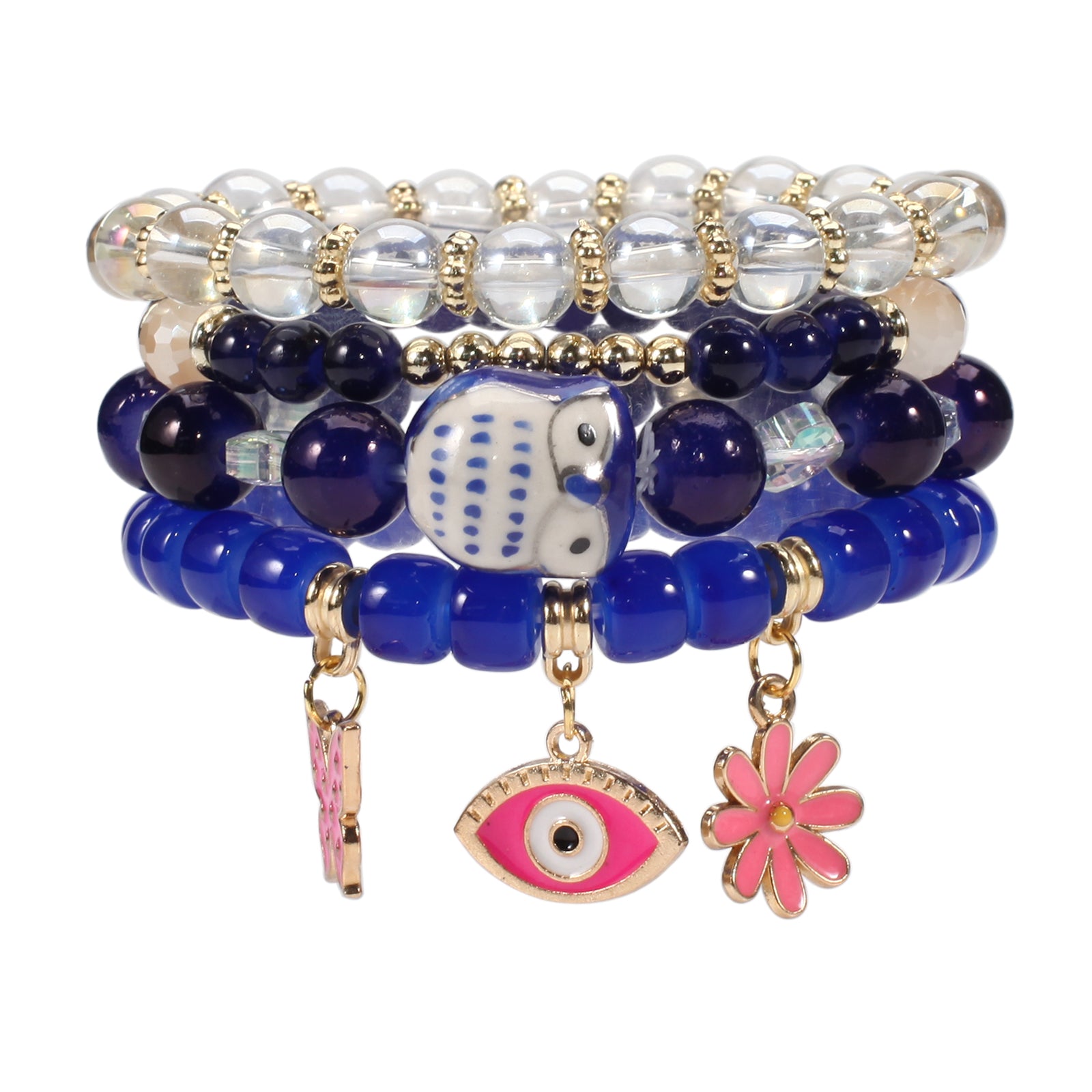 Bohemian Multicolor Beaded Bracelet Set with Butterfly, Flower and Eye Pendants