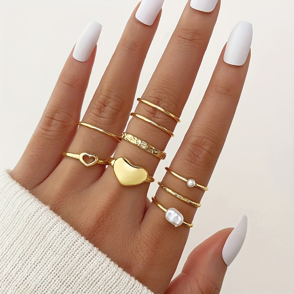 Vintage Punk Ring Set Trendy Heart Pattern Irregular Geometric Boho Rings Stackable Jewelry For Daily Routine And Party