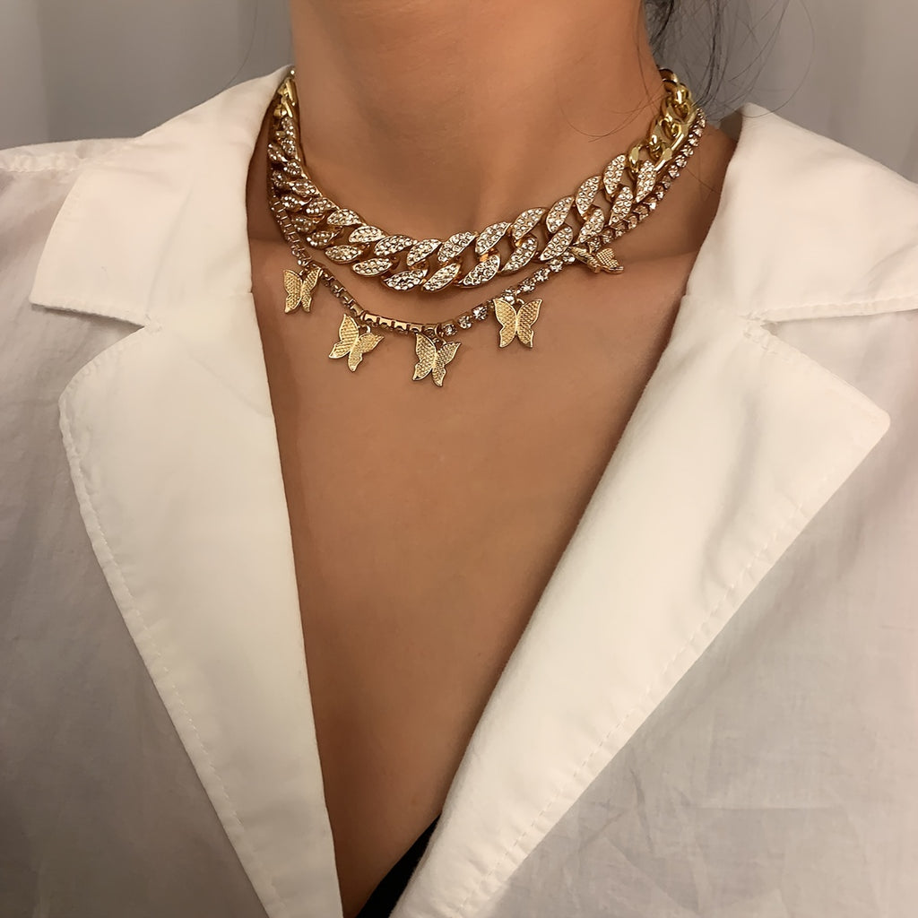Vintage-Inspired Rhinestone Butterfly Necklace Set - Perfect for Holiday Style!