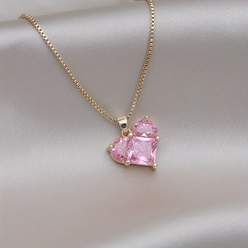 1pc Pink Faux Crystal Decor Heart Charm Necklace, Elegant And Fashionable Jewelry Accessories For Women Girls