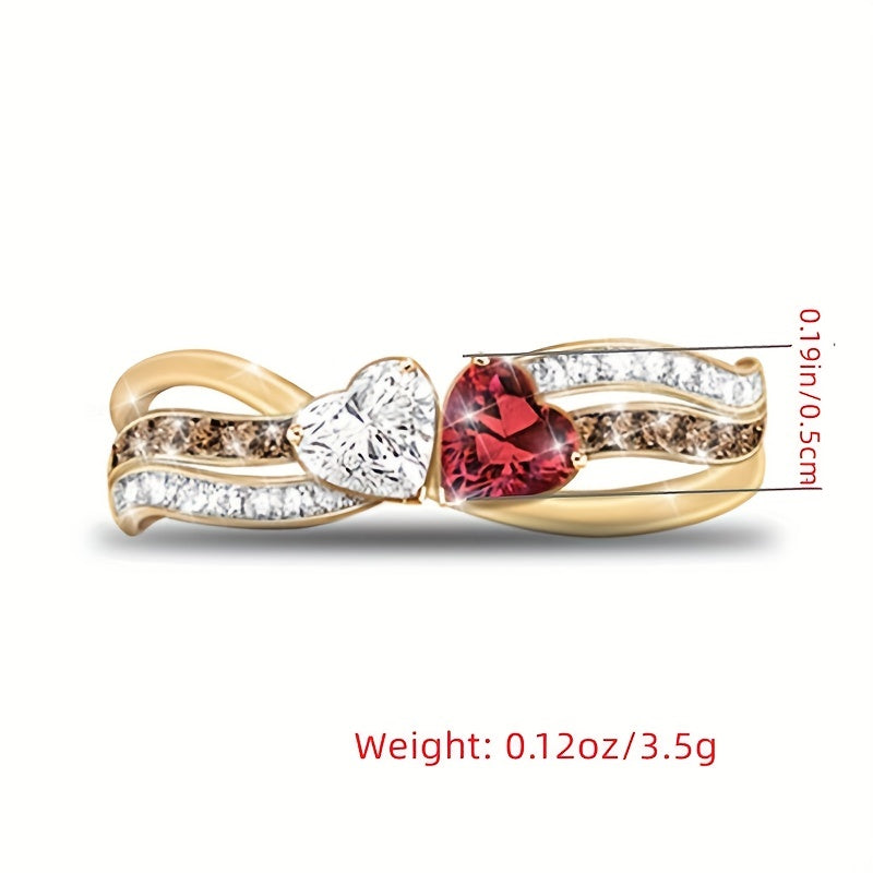 Double Heart Shiny Promise Ring - 14K Gold Plated Wedding Band or Engagement Jewelry, Perfect for Valentine's Day Gift