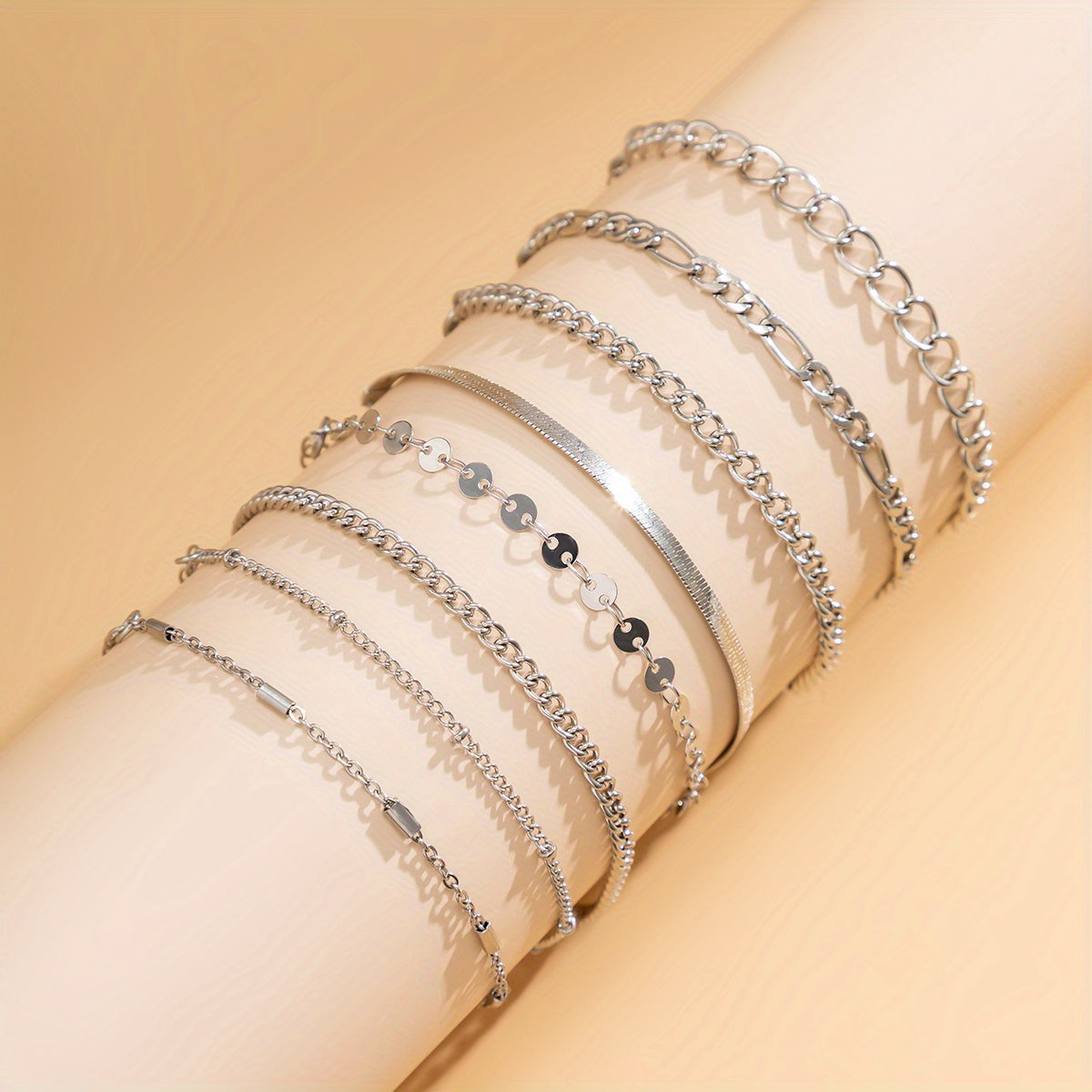 Complete Your Look with our 8 Piece Geometric Chain Bracelet Set - Adjustable Alloy Metal Jewelry Accessories