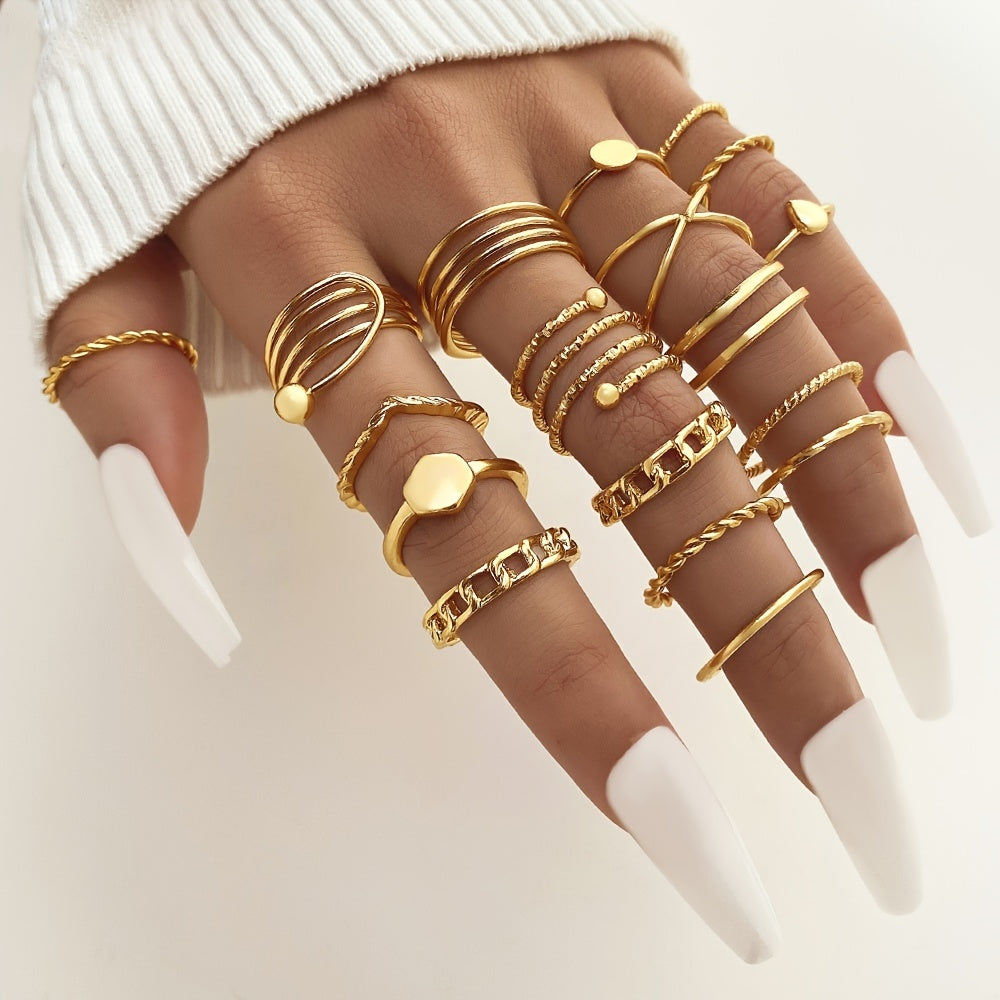 18pcs Golden Silvery Geometric Spiral Cross Women's Joint Ring Set
