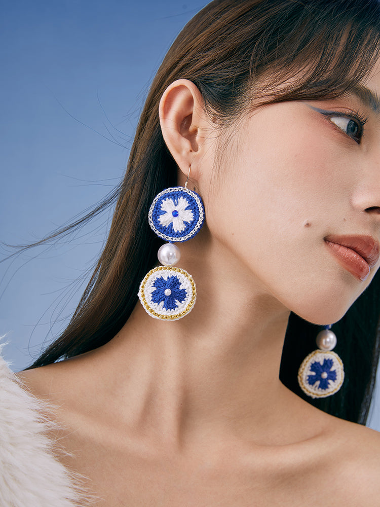 LB Hand Crochet "Piece Flower" Earrings Long Ear Clip LOJL101