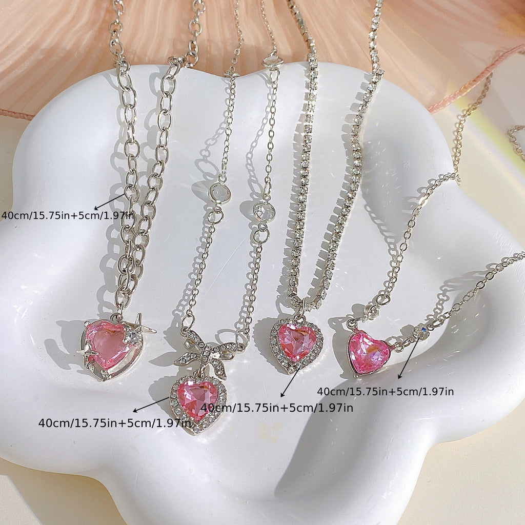 Y2K Style Pink Love Heart Zircon Necklace Punk Design Ear Decoration For Women Girls