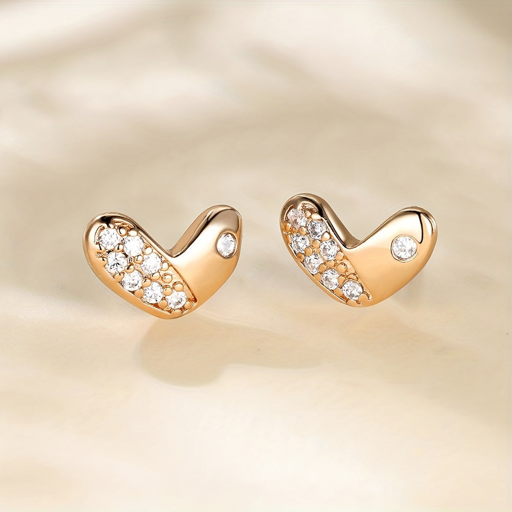 Heart Shape With Sparkling Zircon Decor Cute Stud Earrings Copper 18K Gold Plated Jewelry Exquisite Female Gift