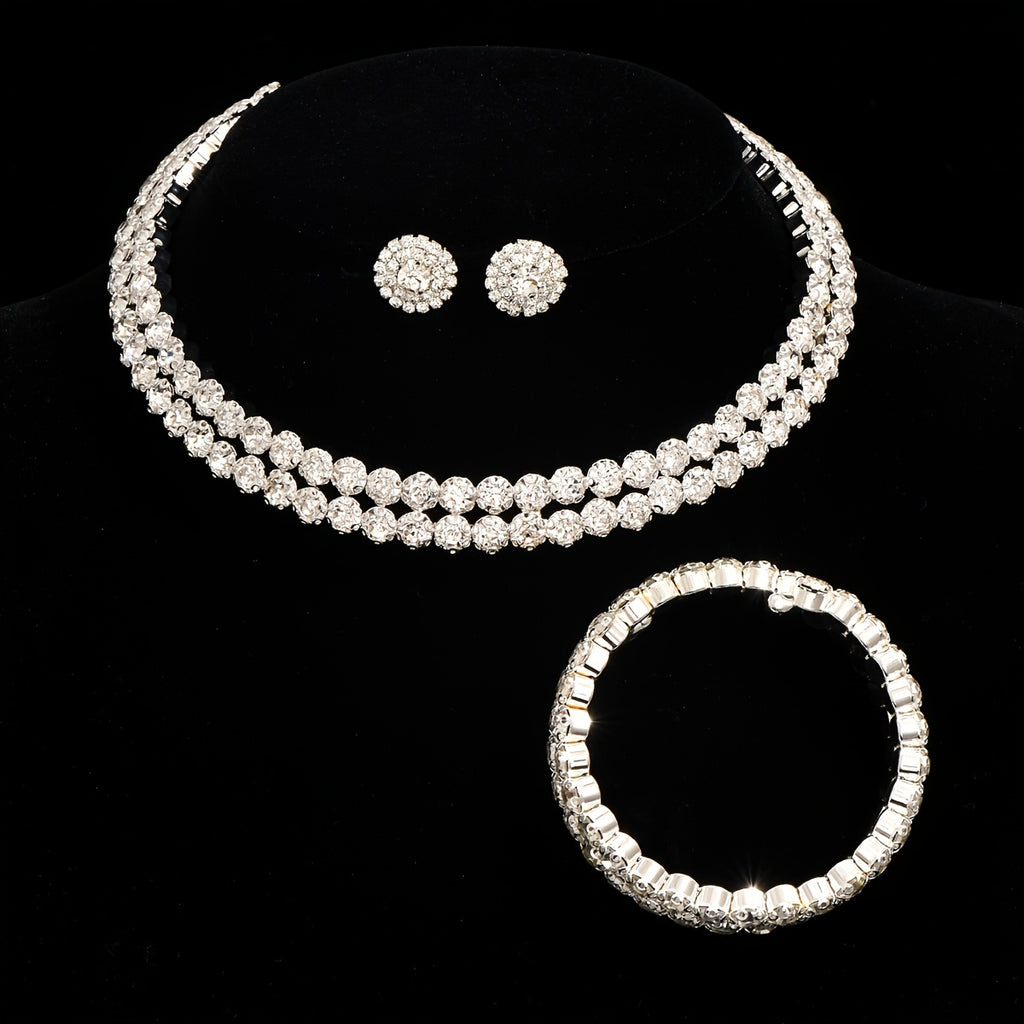 Luxury Women's Double Row Rhinestone Collar Bracelet Earrings 3 Piece Set Jewelry