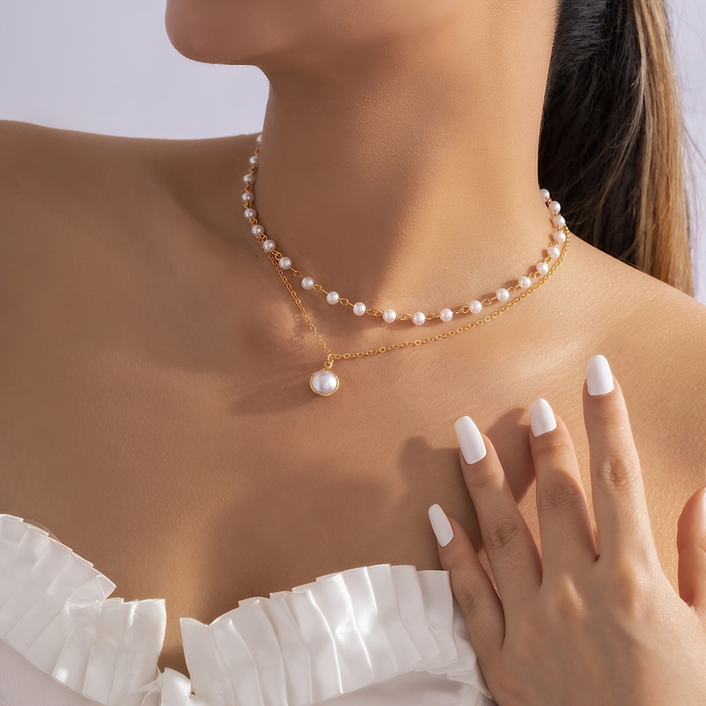 Elevate Your Style with our 2-Piece Temperament Necklace Set - Large Faux Pearls, Stackable Neck Chain, and Detachable Design for Women and Girls