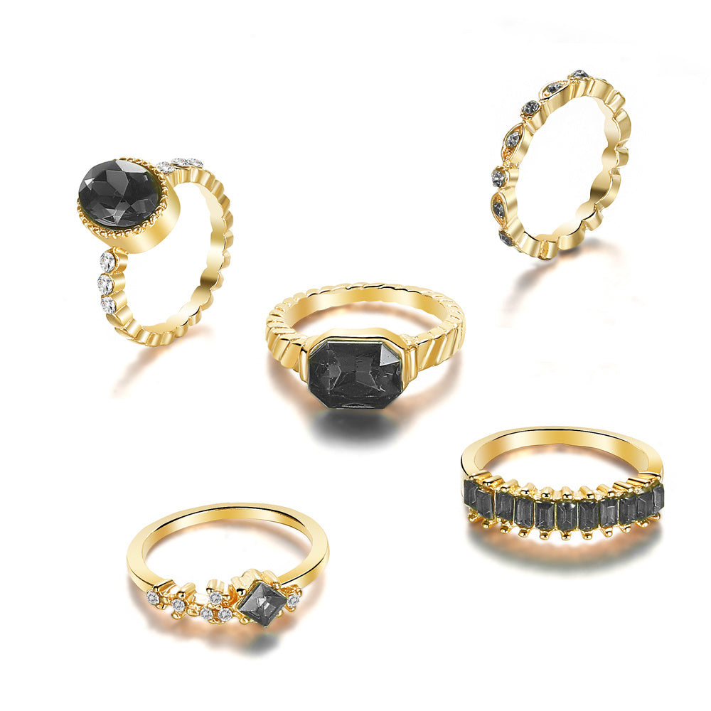 5pcs Vintage Versatile Black Rhinestone Geometric Round Ring Set Valentine's Day Gifts
