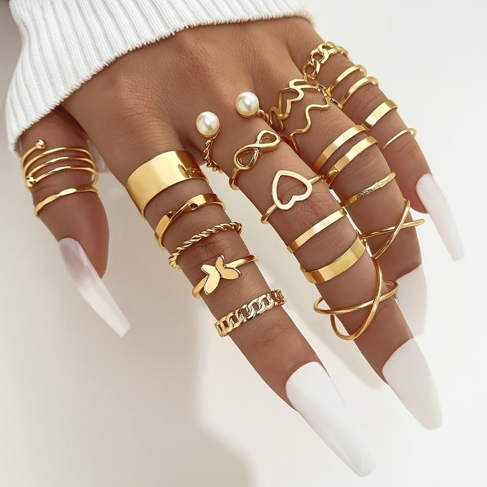 Make a Statement with 22pcs Personality Exaggerated Twist Wave Love Pattern Rings - Women's Joint Ring Set for Party Favors in Golden and Silver Color