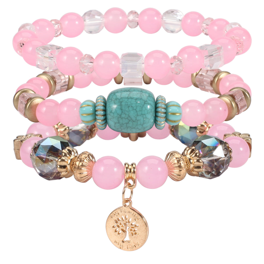 Boho Handmade Glass Beaded Charm Bracelet Set of 3 with Peace Tree Pendant