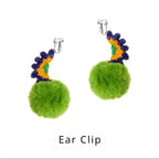 LB Plush Ball Earrings Exaggerated Green Plush Ear Clip LOJL3