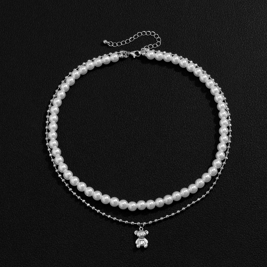 1 Piece Men's Simple Bear Pendant Pearl Multilayer Beaded Necklace