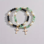 2pcs Cross Alloy Pendant Contrast Color Beaded Bracelet For Women